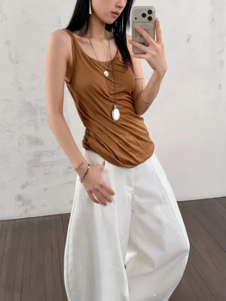 Design Basic Ruched Tank Top Beige + Wide-Leg White Pants Vest Top - 2