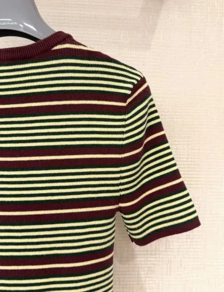 Design Striped Knit Short-Sleeve Top in Burgundy, Green, and Cream Tops - 8