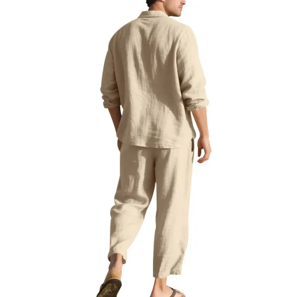 Design Linen Shirt and Drawstring Pants Set White Casual Set - 19