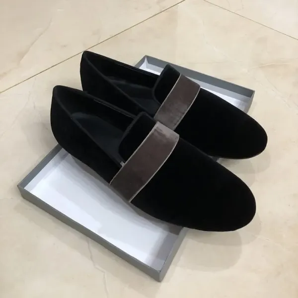 Design Black Velvet Loafers with Taupe Strap Slip-On Shoes Loafers - 1