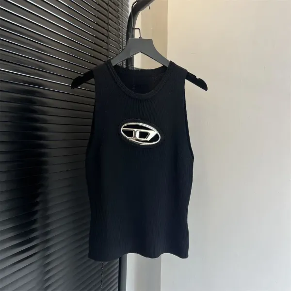 Design Oval Logo Ribbed Knit Vest Top Taupe - 3