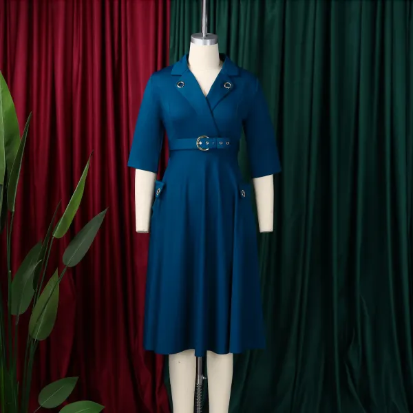Design Trench-Style Wrap Dress in Navy with Belt - 25