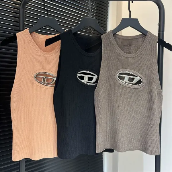 Design Oval Logo Ribbed Knit Vest Top Taupe - 5