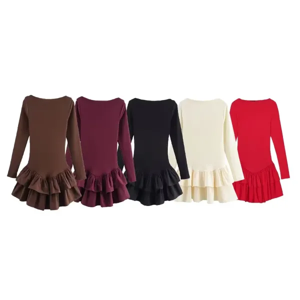 Design Ruffled Hem Long Sleeve Dress Red - 3