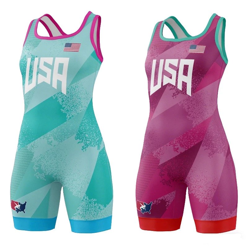 Design USA Wrestling Singlet Teal and Magenta Performance Activewear