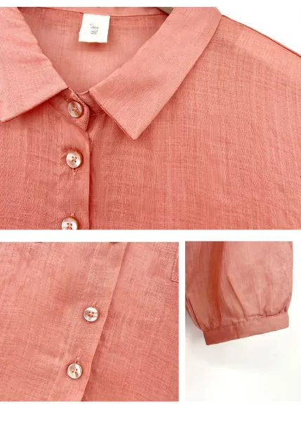 Design Linen Blend Button-Up Shirt Terracotta Tops Shirt - 10