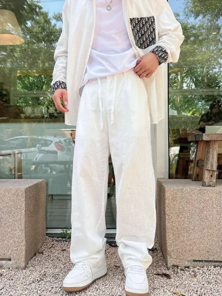 Dior Oblique Print Linen Shirt and Wide-Leg Pants Set White Casual Set - 1