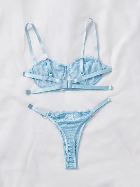 Design Lace Bralette and Thong Set Sky Blue Underwear - 1