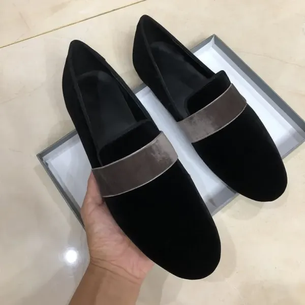 Design Black Velvet Loafers with Taupe Strap Slip-On Shoes Loafers - 5