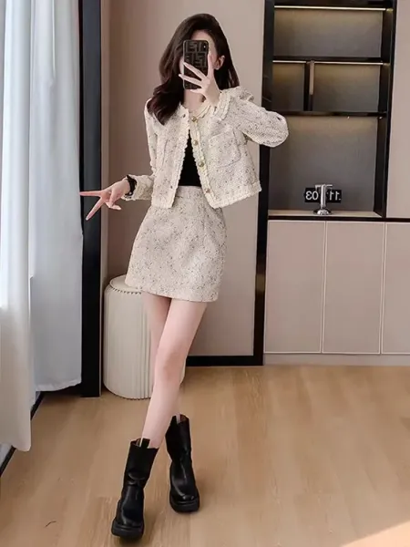 Design Tweed Cropped Jacket and Skirt Set Beige - 2