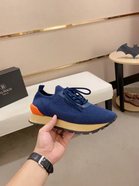 Balmain Knit Sneaker Navy Blue with Orange Heel Tab and Gum Sole - 1