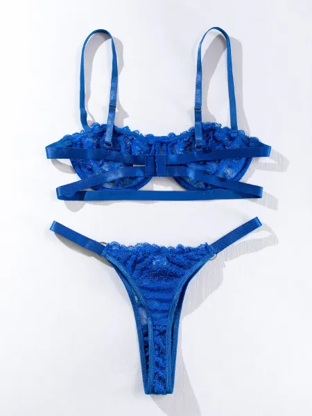 Design Lace Bralette and Thong Set Royal Blue Underwear - 1