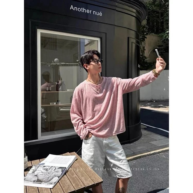 Pink Ribbed Henley Long Sleeve Top Light Pink Casual