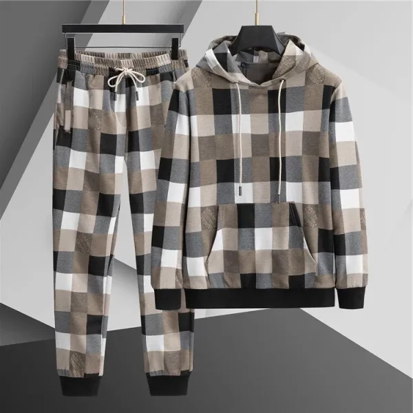 Design Plaid Hoodie and Sweatpants Set Beige Black White Multicolor - 1