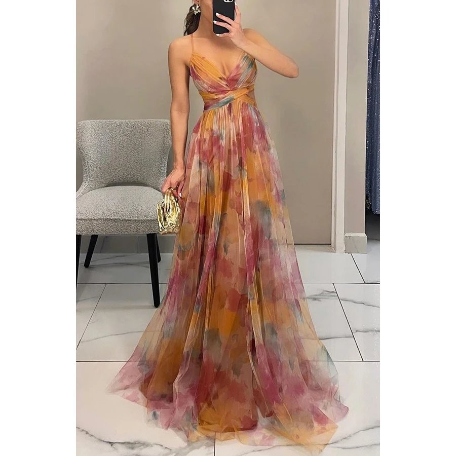 Design Floral Print V-Neck Maxi Dress Yellow Green Multicolor - 6