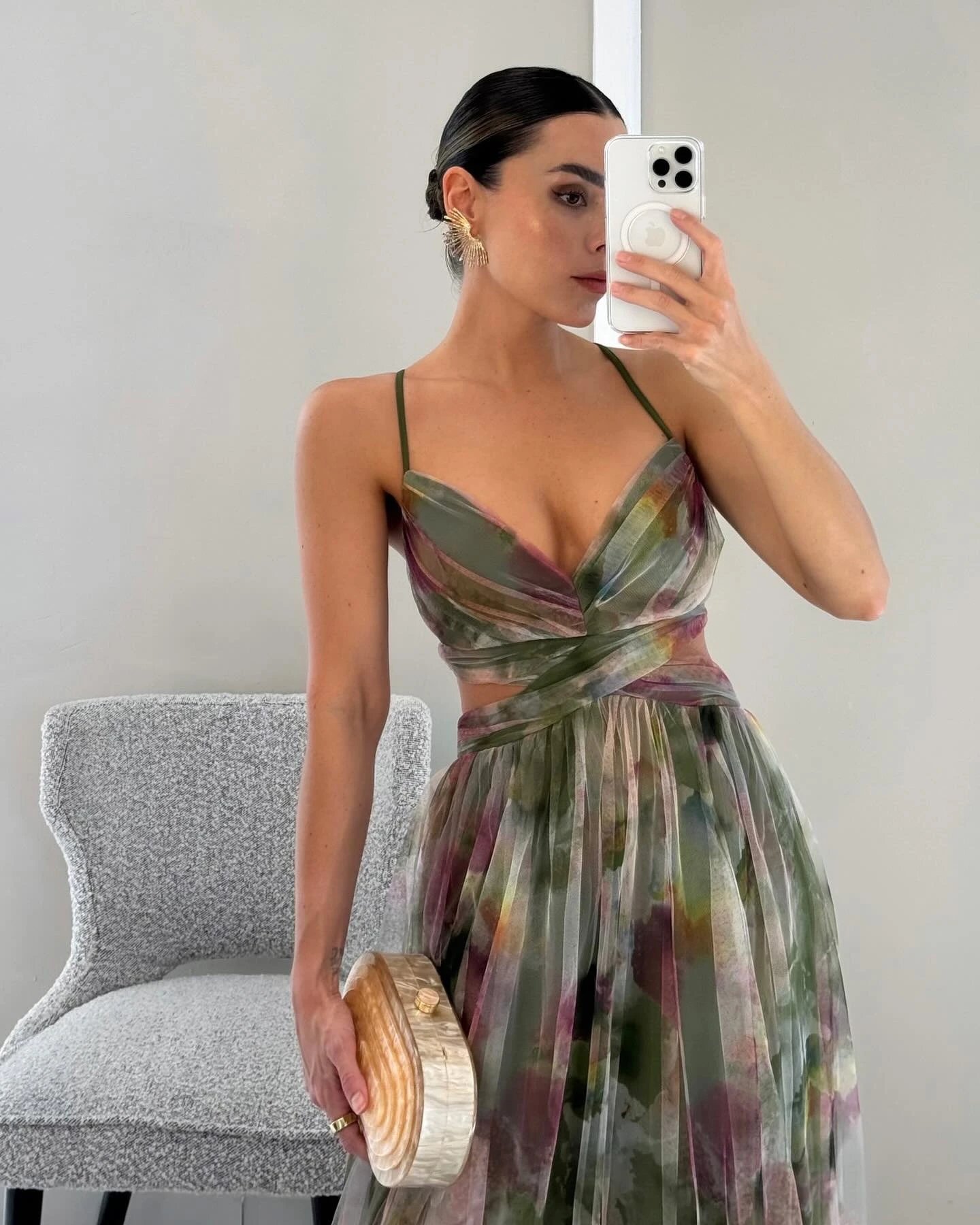 Design Floral Print V-Neck Maxi Dress Yellow Green Multicolor - 11