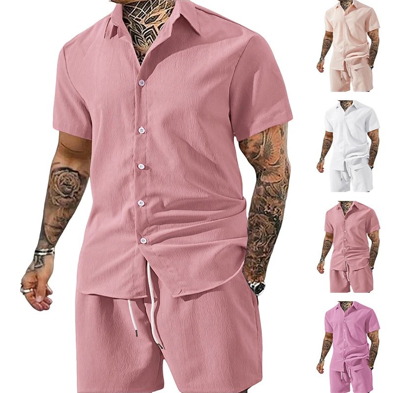Design Lightweight Linen-Blend Shirt and Shorts Set Beige Casual Set - 3