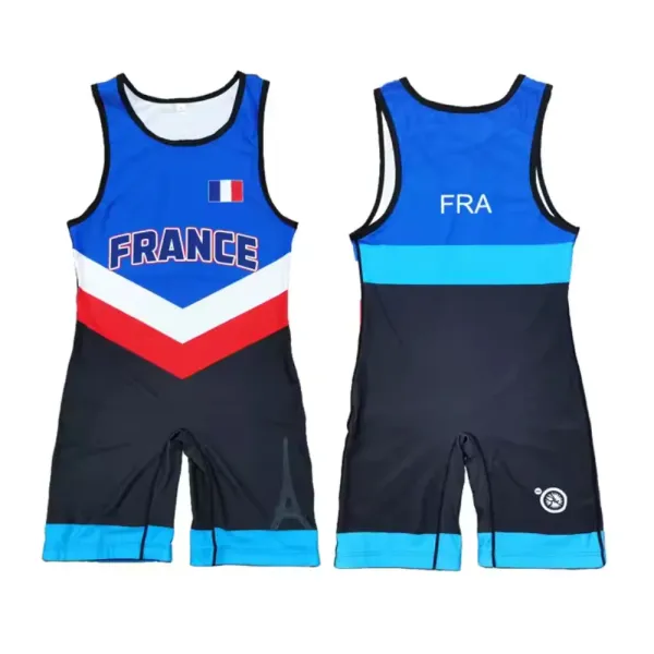 Design France National Team Wrestling Singlet Blue Red White Black Activewear - 1
