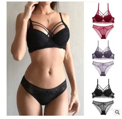 Design Black Lace Strappy Bra and Thong Set Underwear - 3