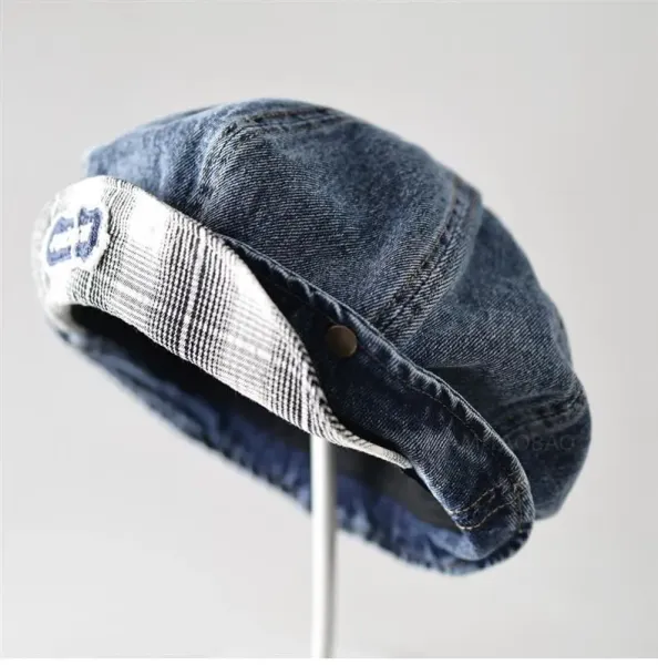 Design Denim Beret with Plaid Lining and Embroidered Logo Hat Hats - 11