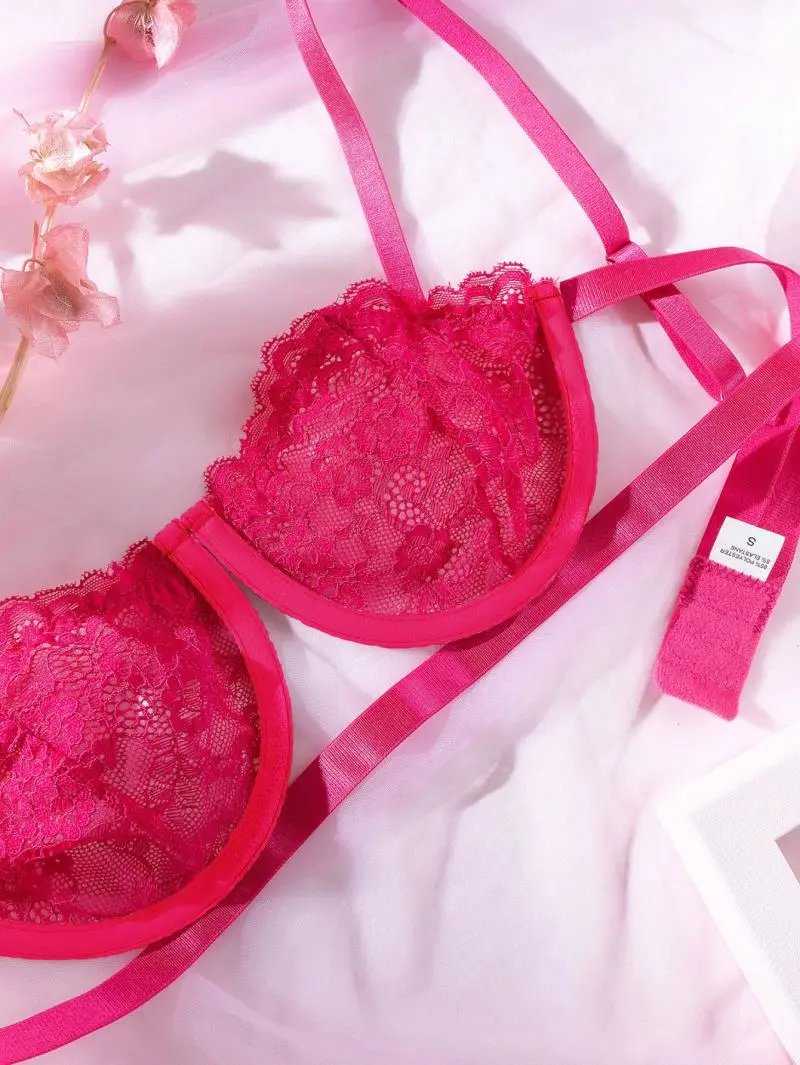Design Red Lace Strappy Bra and Thong Set Underwear - 39