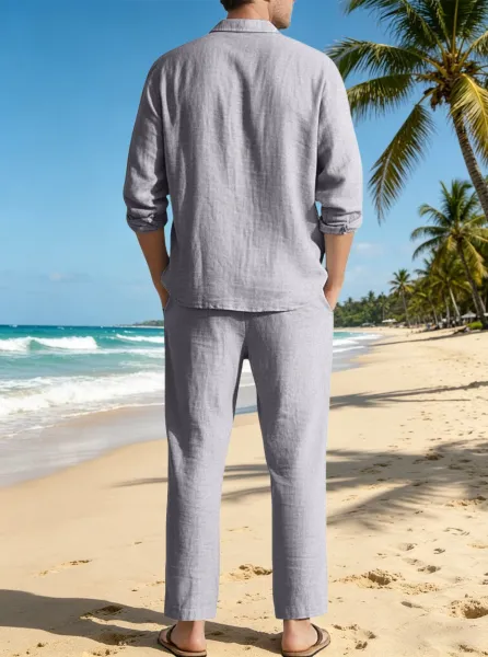 Design Linen Shirt and Drawstring Pants Set White Casual Set - 24