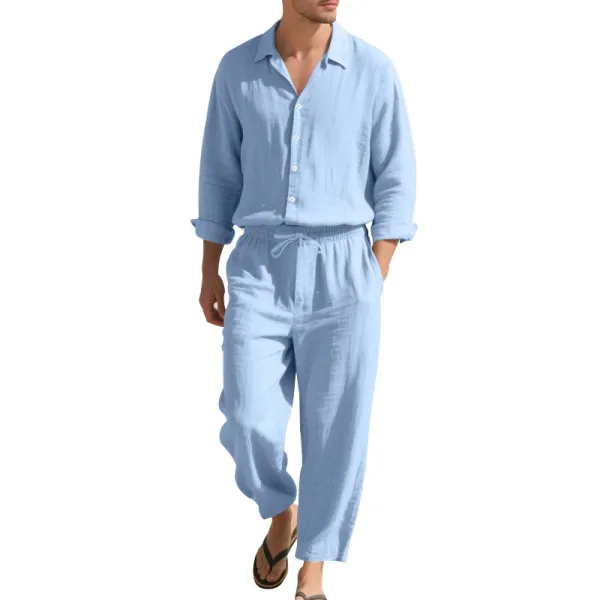 Design Linen Shirt and Drawstring Pants Set White Casual Set - 33