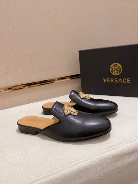 Versace Medusa Head Black Leather Mule Slipper - 16
