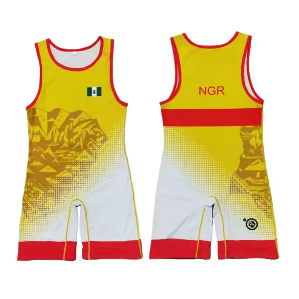 Design Wrestling Singlet Yellow Red White Mountain Print Activewear - 1