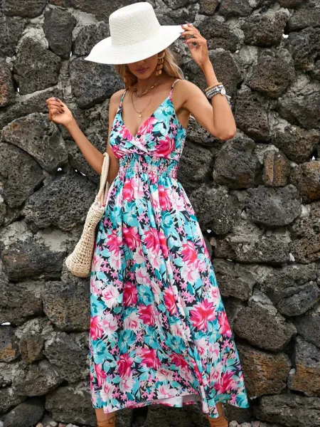 Design Tropical Leaf Print Wrap Midi Dress - 29