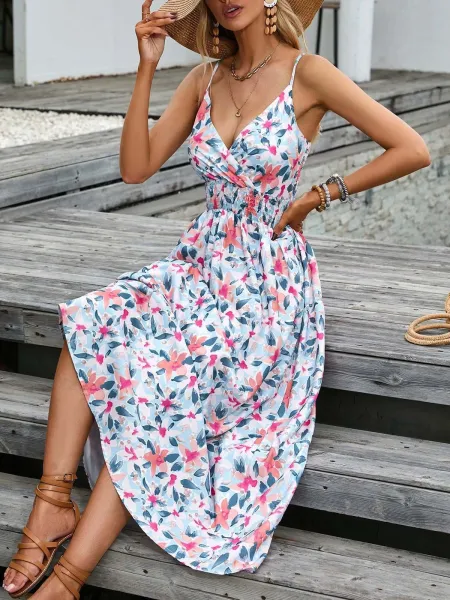 Design Tropical Leaf Print Wrap Midi Dress - 49