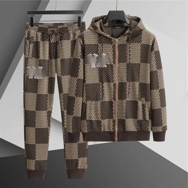 Design Checkerboard Pattern Hoodie and Sweatpants Set Brown Beige - 1