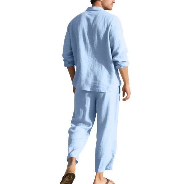 Design Linen Shirt and Drawstring Pants Set White Casual Set - 36