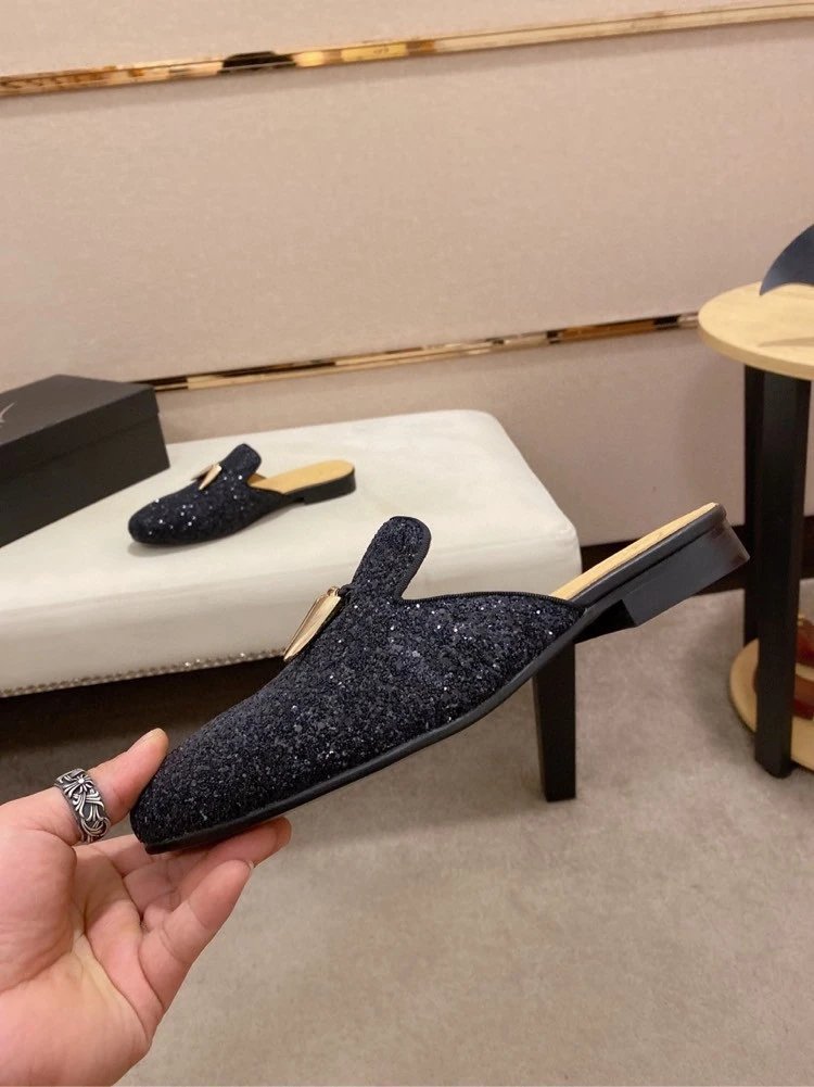 Design Giuseppe Zanotti Glitter Loafers with Gold Spike Detail Black Slippers - 3
