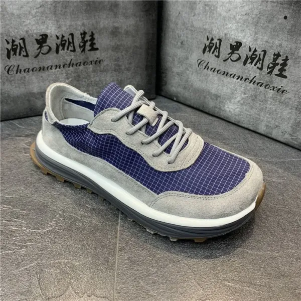 Design Chaonanchaoxie Grid Panel Suede Sneakers Blue Gray Sneakers - 1
