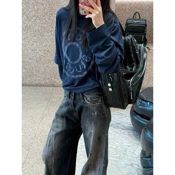 Acne Studios Distressed Logo Print Long-Sleeve T-Shirt Navy - 13