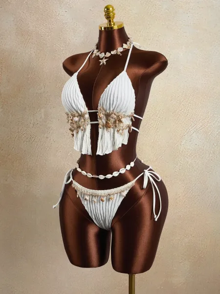 Design Seashell-Embellished Ribbed Pink Halter Bikini Set Swimwear - 5