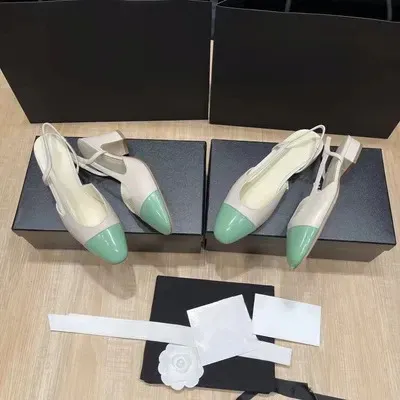 Chanel Two-Tone Slingback Flats Mint Green and Beige Leather Shoes Heels - 1
