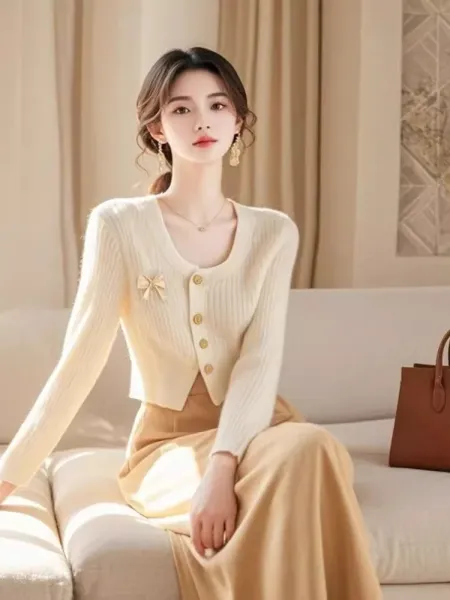 Design Ribbed Knit Cardigan with Bow Detail Beige Cardigan - 5