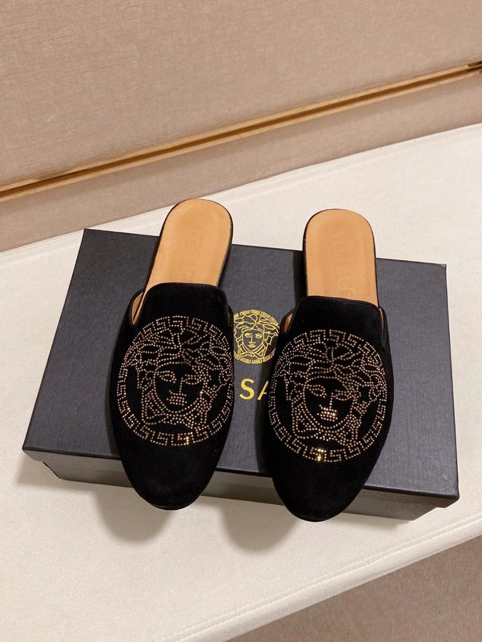 Versace Medusa Crystal-Embellished Black Suede Mule Loafers - 5