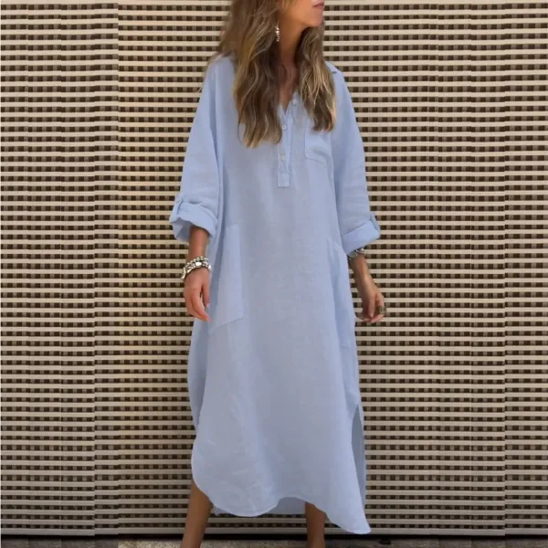 Design Linen Shirt Dress Light Blue Casual-Dress - 15
