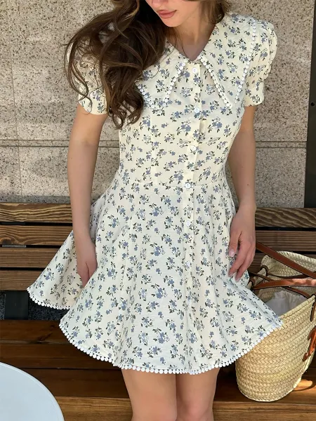 Design Floral Peter Pan Collar Dress with Pompom Trim Beige Blue Casual Dress - 6