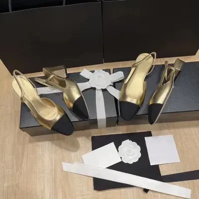 Chanel Two-Tone Gold and Black Slingback Heels - 24