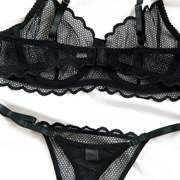 Design Maison de Reefur Black Mesh Lace Bra and Thong Set Underwear - 35