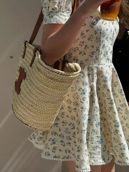 Design Floral Peter Pan Collar Dress with Pompom Trim Beige Blue Casual Dress - 12