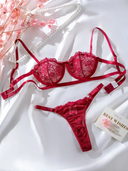 Design Red Lace Strappy Bra and Thong Set Underwear - 34