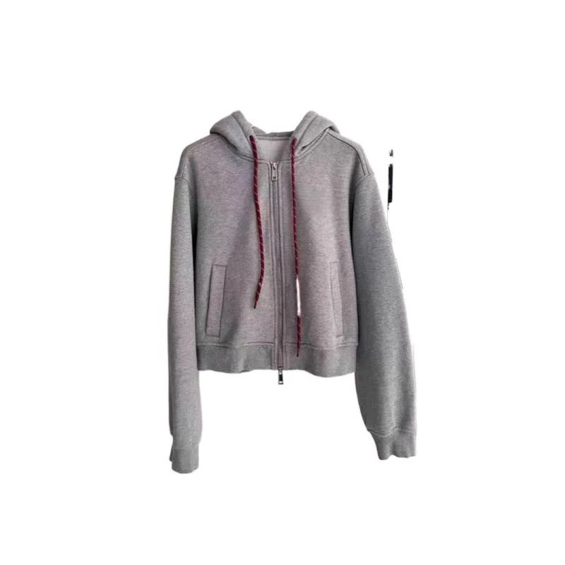 Grey Zip-Up Hooded Sweatshirt with Red Drawstrings Cropped Casual Jacket