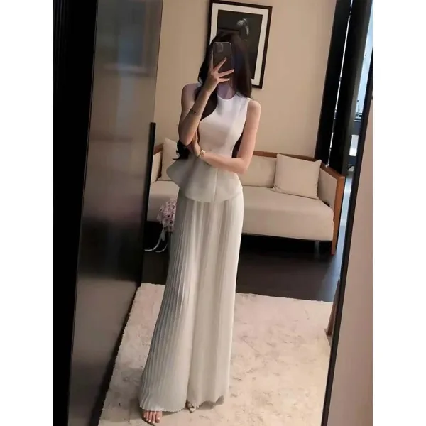 Design Peplum Waist High-Neck Pleated Maxi Dress White - 4
