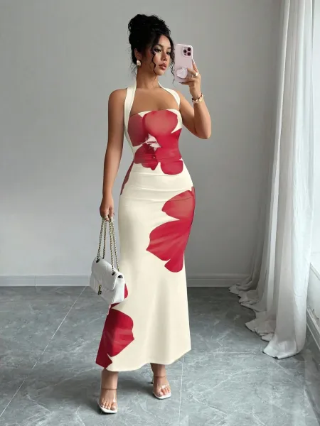 Design Floral Print Halter Neck Maxi Dress Beige Red - 10