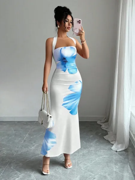 Design Floral Print Halter Neck Maxi Dress Beige Red - 17